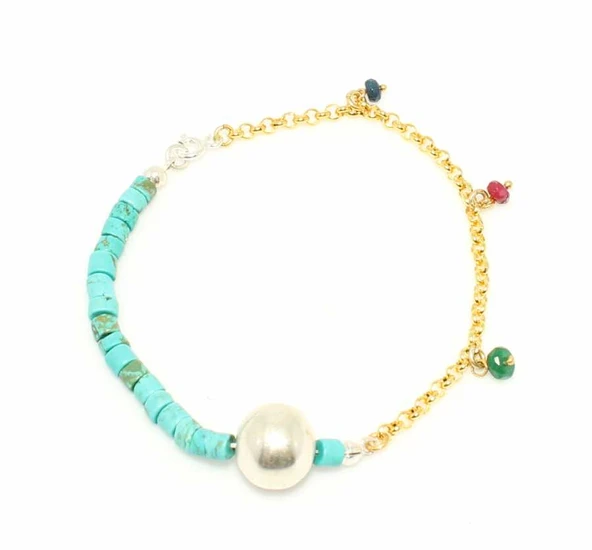 925 Ayar Gümüş Yakut, Safir, Turkuaz Taşlı Bileklik ürün görseli