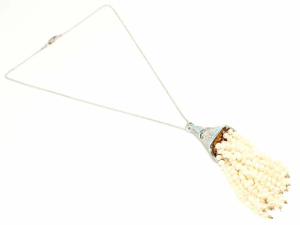 925 Ayar Gümüş İnci Taşlı Külah Kolye - Resim 3