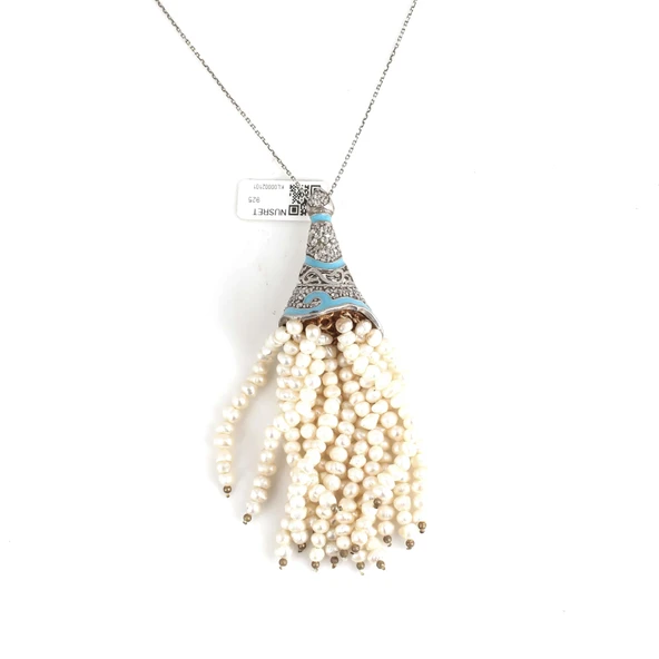 925 Ayar Gümüş İnci Taşlı Külah Kolye - Resim 2