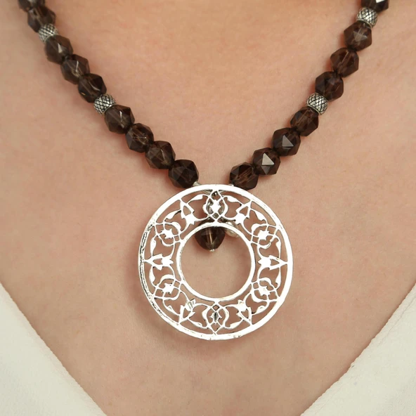 925 Ayar Gümüş Smoki Quartz Taşlı Ajur Kolye - Resim 4