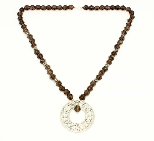 925 Ayar Gümüş Smoki Quartz Taşlı Ajur Kolye - Resim 7