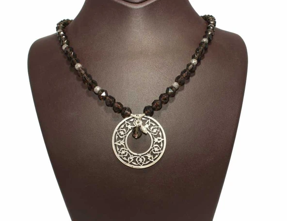 925 Ayar Gümüş Smoki Quartz Taşlı Ajur Kolye - Resim 8