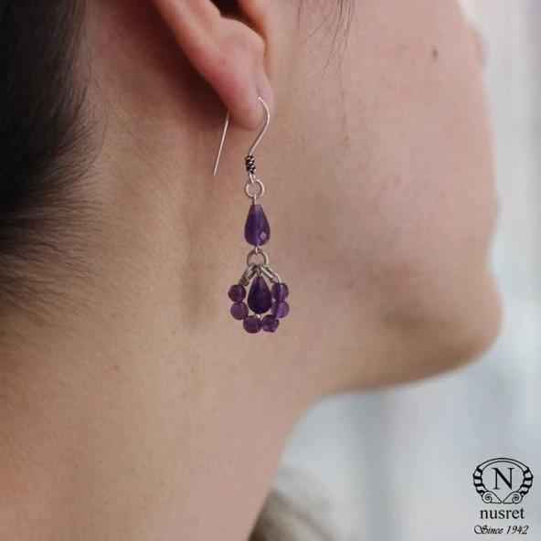 925 Ayar Gümüş Ametist Taşlı Halka Küpe - Resim 4