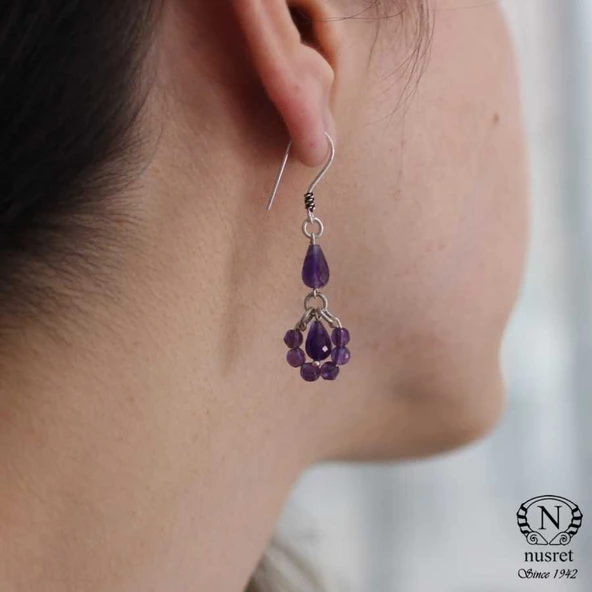 925 Ayar Gümüş Ametist Taşlı Halka Küpe - Resim 7