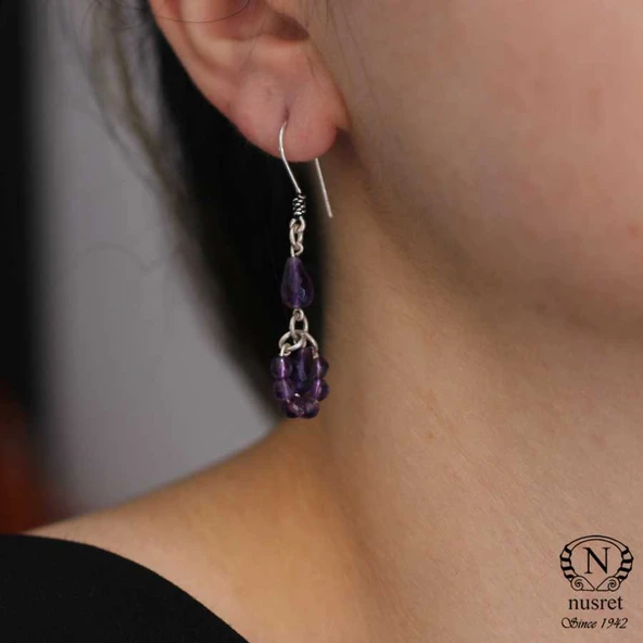 925 Ayar Gümüş Ametist Taşlı Halka Küpe - Resim 6