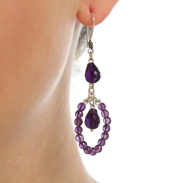 925 Ayar Gümüş Damla Ametist Taşlı Halka Küpe ürün görseli 1