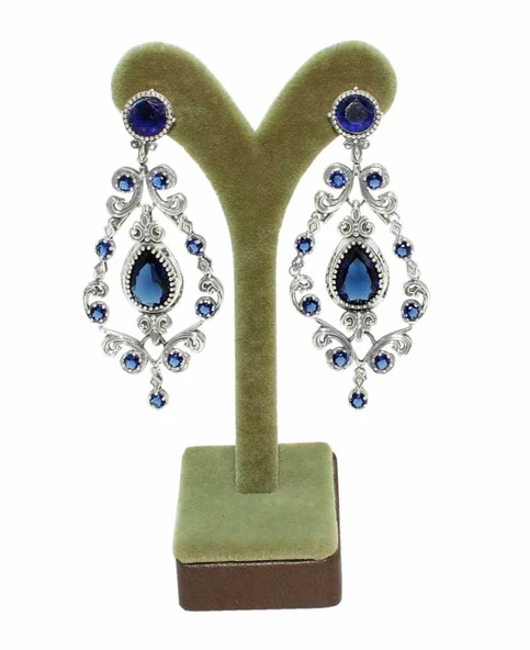 925 Ayar Gümüş Safir Taşlı Antik Küpe - Resim 3