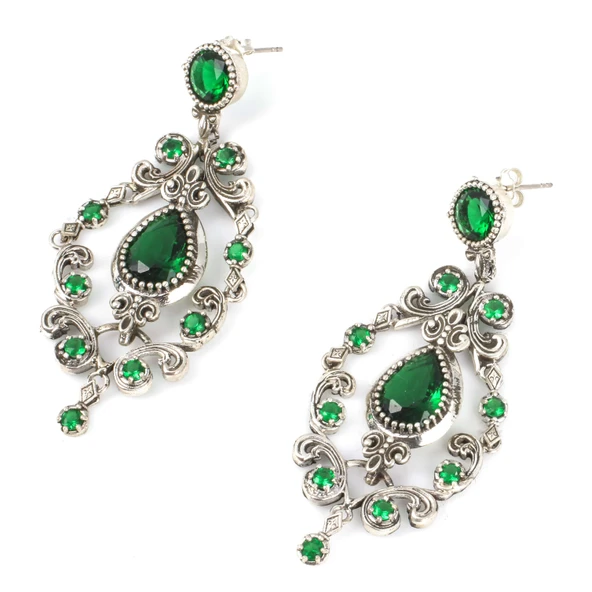 925 Ayar Gümüş Zümrüt Taşlı Antik Küpe ürün görseli