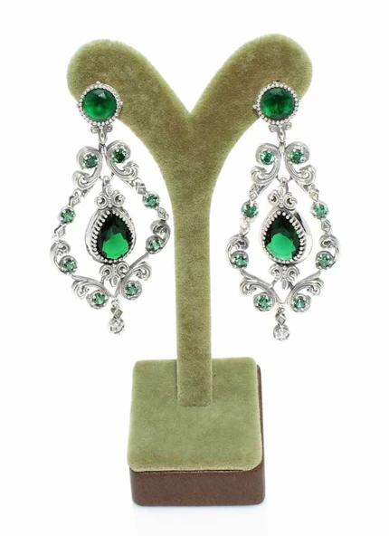 925 Ayar Gümüş Zümrüt Taşlı Antik Küpe - Resim 5