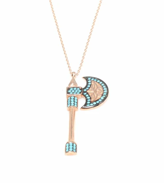 925 Ayar Gümüş Turkuaz Taşlı Balta Kolye - Resim 3