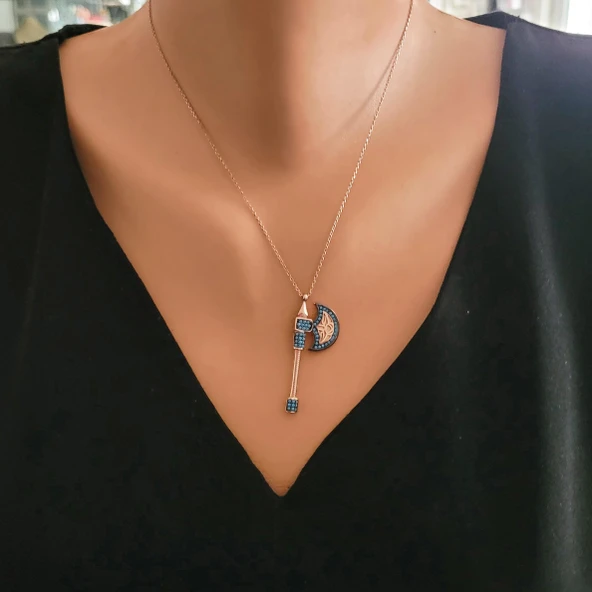 925 Ayar Gümüş Turkuaz Taşlı Balta Kolye ürün görseli 1