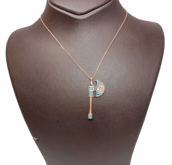 925 Ayar Gümüş Turkuaz Taşlı Balta Kolye - Resim 4