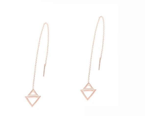 925 Ayar Gümüş Üçgen Zincir Küpe, Pembe - Resim 2