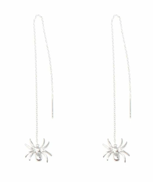 925 Ayar Gümüş Örümcek Zincir Küpe, Beyaz - Resim 3