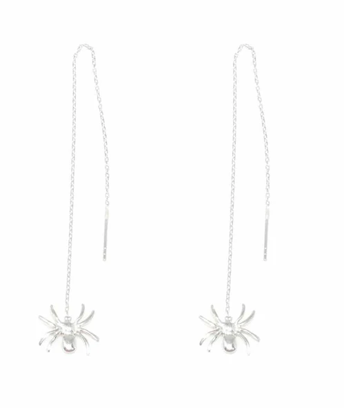 925 Ayar Gümüş Örümcek Zincir Küpe, Beyaz - Resim 4