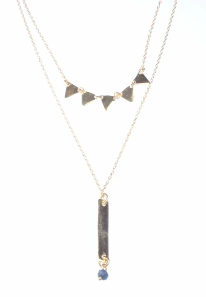 925 Ayar Gümüş Zümrüt Taşlı Üçgen ve Plaka 2'li Kolye, Sarı - Resim 4