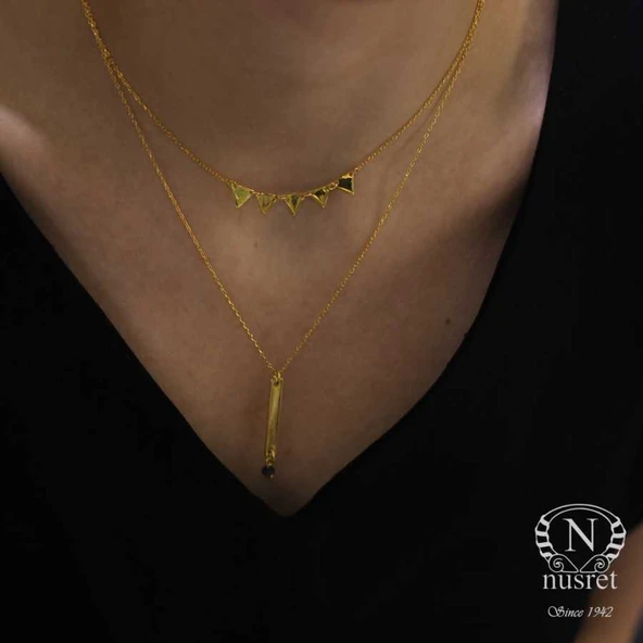 925 Ayar Gümüş Zümrüt Taşlı Üçgen ve Plaka 2'li Kolye, Sarı - Resim 2
