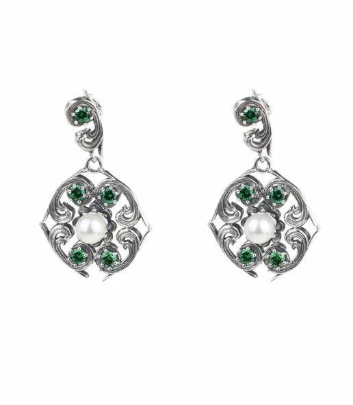 925 Ayar Gümüş İncili Yeşil Dörtgöz Antik Küpe ürün görseli 1