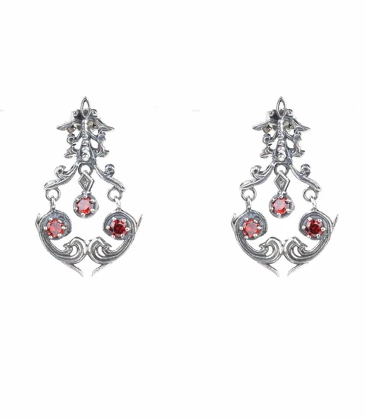 925 Ayar Gümüş Kırmızı Zirkon Taşlı Sallantılı Antik Küpe ürün görseli 1