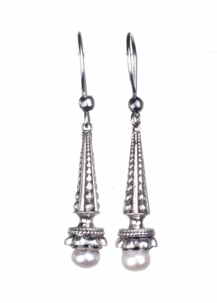 925 Ayar Gümüş İnci Taşlı Buket Tasarım Küpe - Resim 6