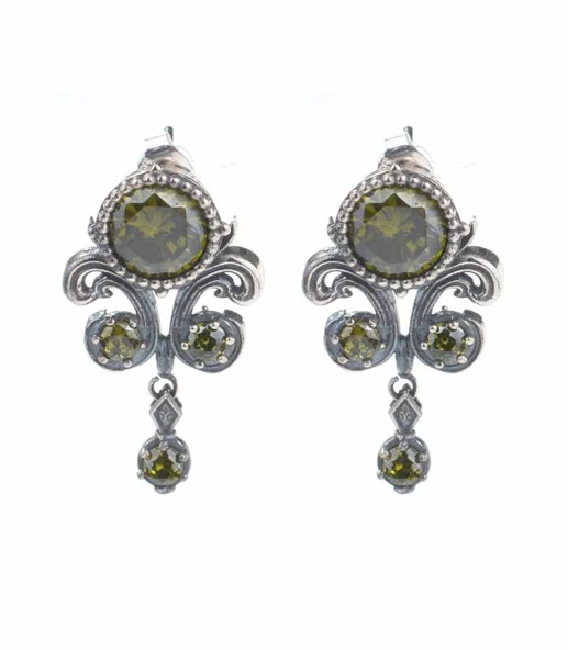 925 Ayar Gümüş Peridot Taşlı Sallantılı Antik Küpe ürün görseli 1