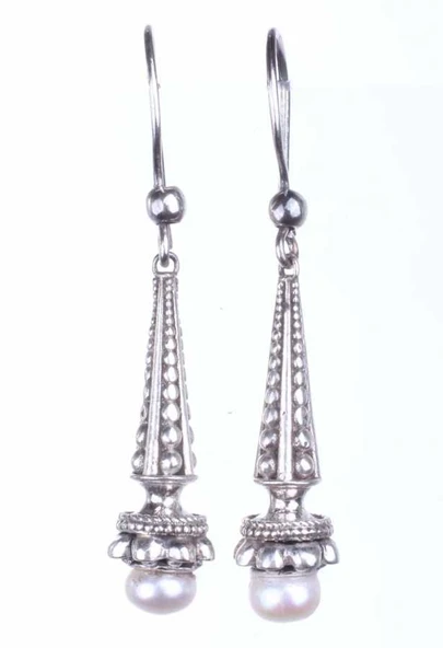 925 Ayar Gümüş İnci Taşlı Buket Tasarım Küpe - Resim 3