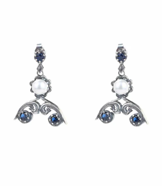 925 Ayar Gümüş Safir & İnci Taşlı Tasarım Antik Küpe - Resim 4