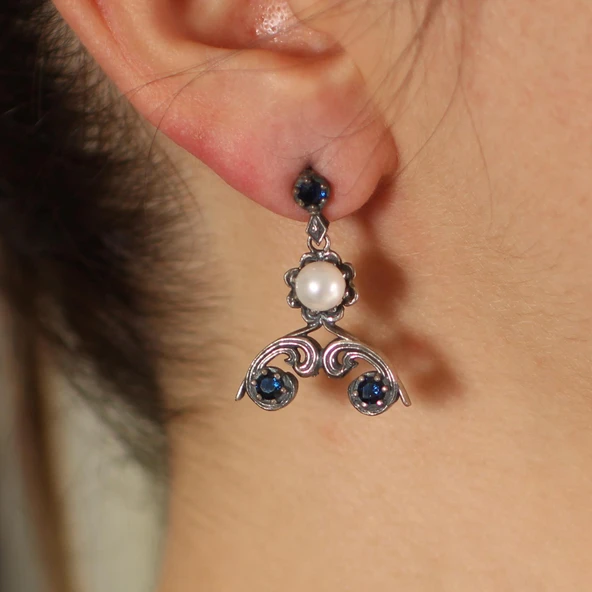 925 Ayar Gümüş Safir & İnci Taşlı Tasarım Antik Küpe - Resim 5