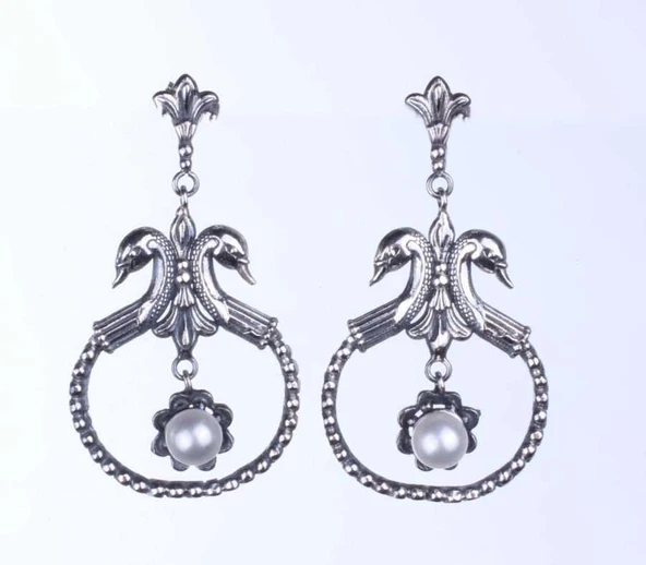 925 Ayar Gümüş İnci Taşlı Kuğulu Antik Küpe - Resim 4