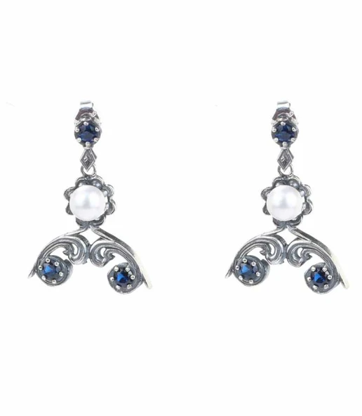 925 Ayar Gümüş Safir & İnci Taşlı Tasarım Antik Küpe - Resim 3