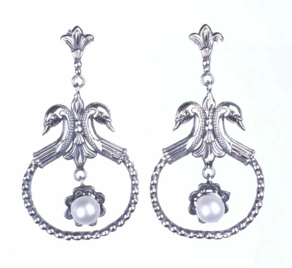 925 Ayar Gümüş İnci Taşlı Kuğulu Antik Küpe - Resim 3