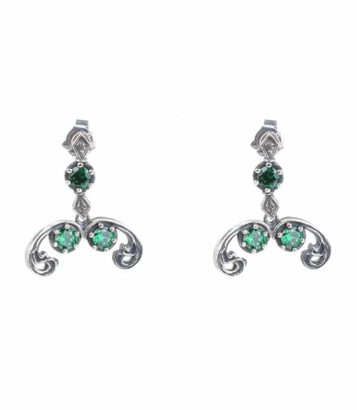 925 Ayar Gümüş Yeşil Zirkon Taşlı Minik Antik Küpe ürün görseli 1