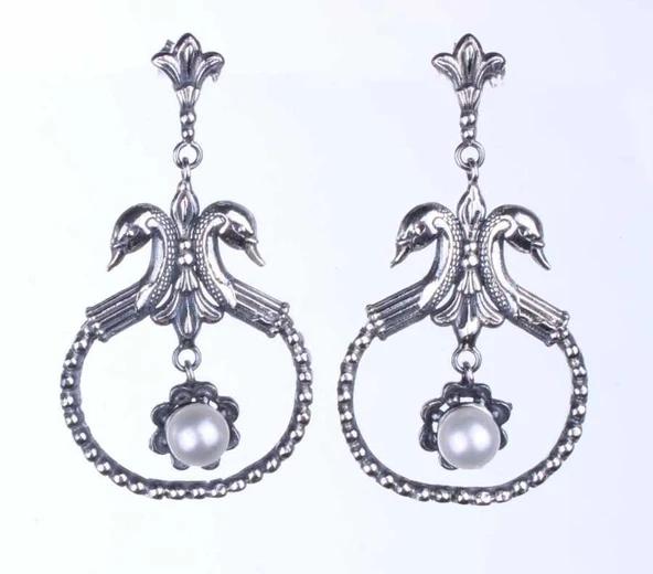 925 Ayar Gümüş İnci Taşlı Kuğulu Antik Küpe - Resim 5