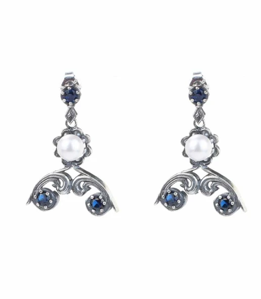 925 Ayar Gümüş Safir & İnci Taşlı Tasarım Antik Küpe - Resim 2