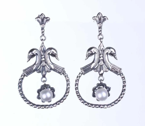 925 Ayar Gümüş İnci Taşlı Kuğulu Antik Küpe - Resim 2