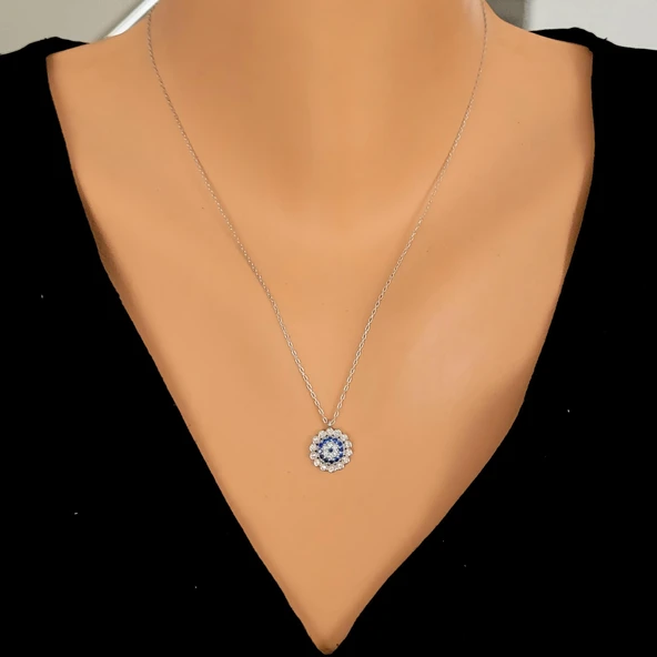 925 Ayar Gümüş Çiçek Göz Boncuğu Kolye, Beyaz ürün görseli