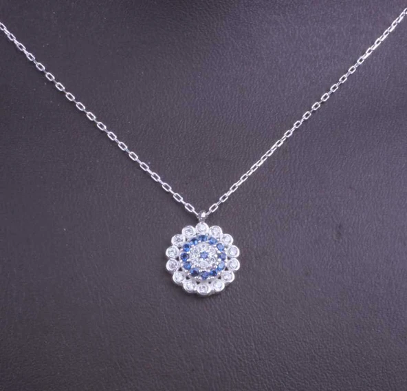 925 Ayar Gümüş Çiçek Göz Boncuğu Kolye, Beyaz - Resim 4