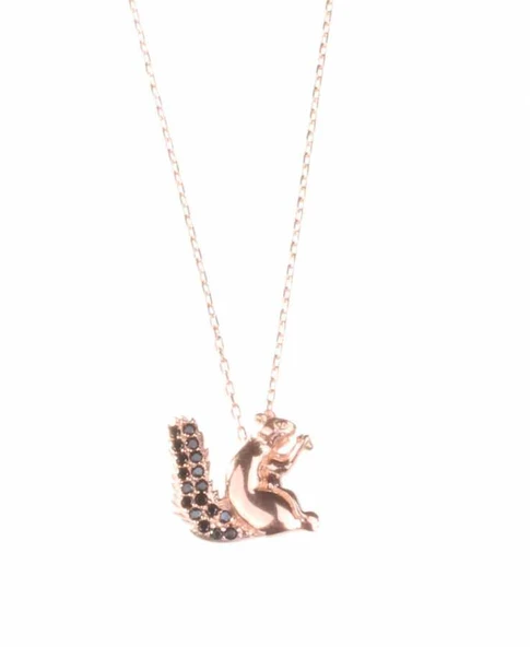 925 Ayar Gümüş Sincap Kolye, Pembe - Siyah Taş - Resim 5