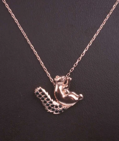 925 Ayar Gümüş Sincap Kolye, Pembe - Siyah Taş - Resim 3