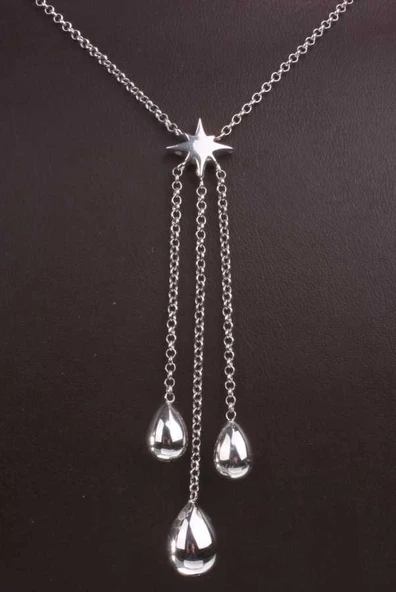 925 Ayar Gümüş Damla Püsküllü Kutup Yıldızı Kolye, Beyaz - Resim 2