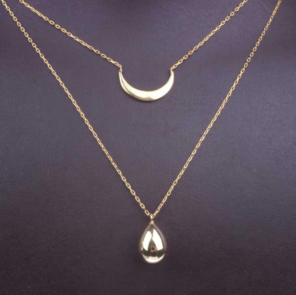 925 Ayar Gümüş Hilal ve Damla Çift Zincirli Kolye, Sarı - Resim 4
