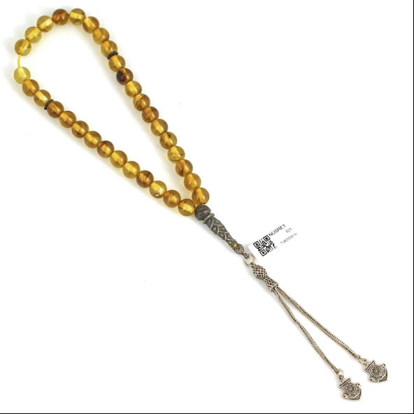 Gümüş Sarı Renk Sıkma Kehribar Tesbih - Resim 2