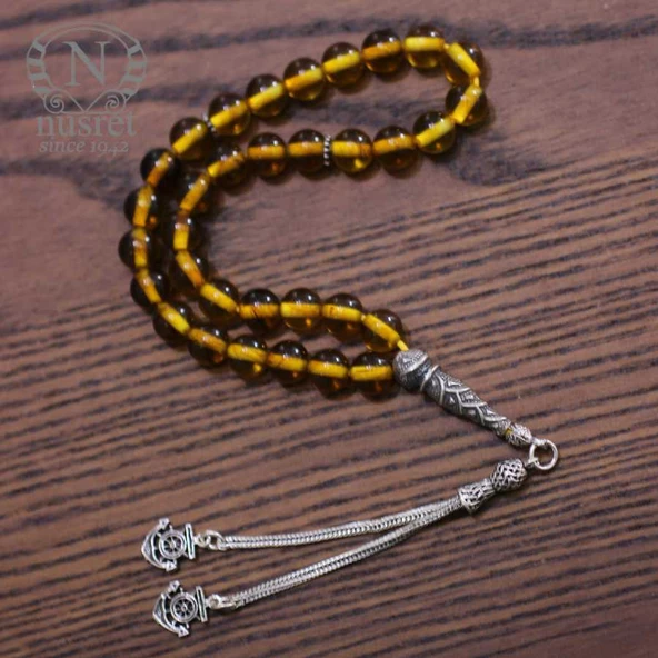 Gümüş Sarı Renk Sıkma Kehribar Tesbih - Resim 3
