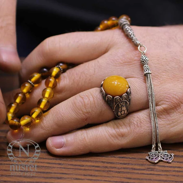 Gümüş Sarı Renk Sıkma Kehribar Tesbih - Resim 9