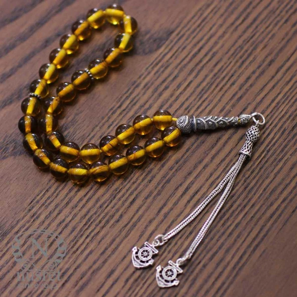 Gümüş Sarı Renk Sıkma Kehribar Tesbih - Resim 6