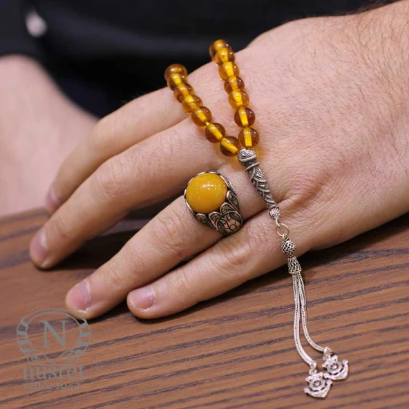 Gümüş Sarı Renk Sıkma Kehribar Tesbih - Resim 8