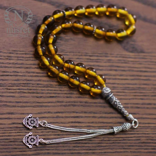 Gümüş Sarı Renk Sıkma Kehribar Tesbih - Resim 5