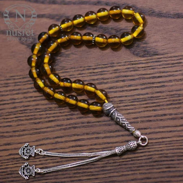 Gümüş Sarı Renk Sıkma Kehribar Tesbih - Resim 4