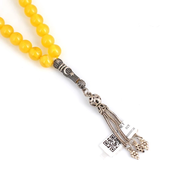925 Ayar Gümüş Ay Yıldız Motifli Sarı Renk Kehribar Tesbih - Resim 3