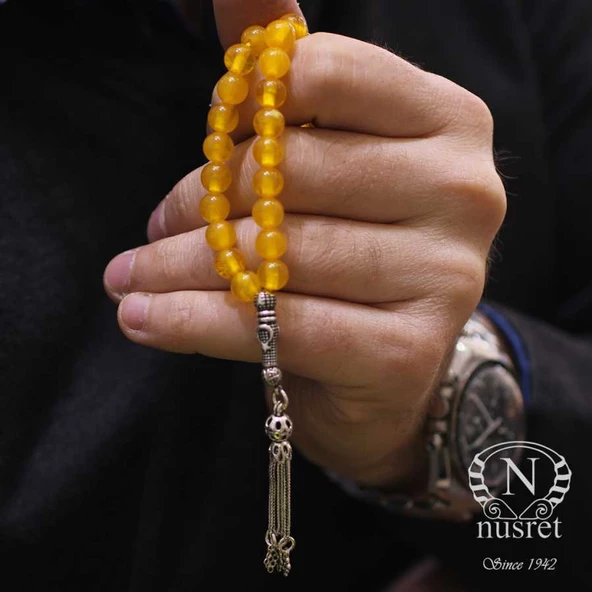925 Ayar Gümüş Ay Yıldız Motifli Sarı Renk Kehribar Tesbih - Resim 2
